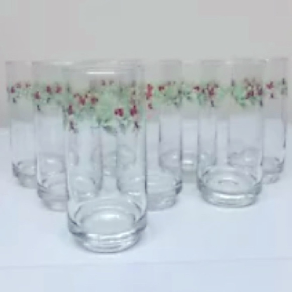 Set of 8 Christmas Red Berry & Green Holly 14oz 5-7/8" Glass Tumblers Highboys